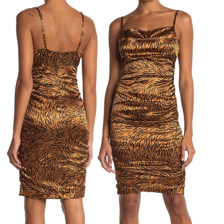 Nwt Likely Tiger Print Satin Ruched Dress Size 4